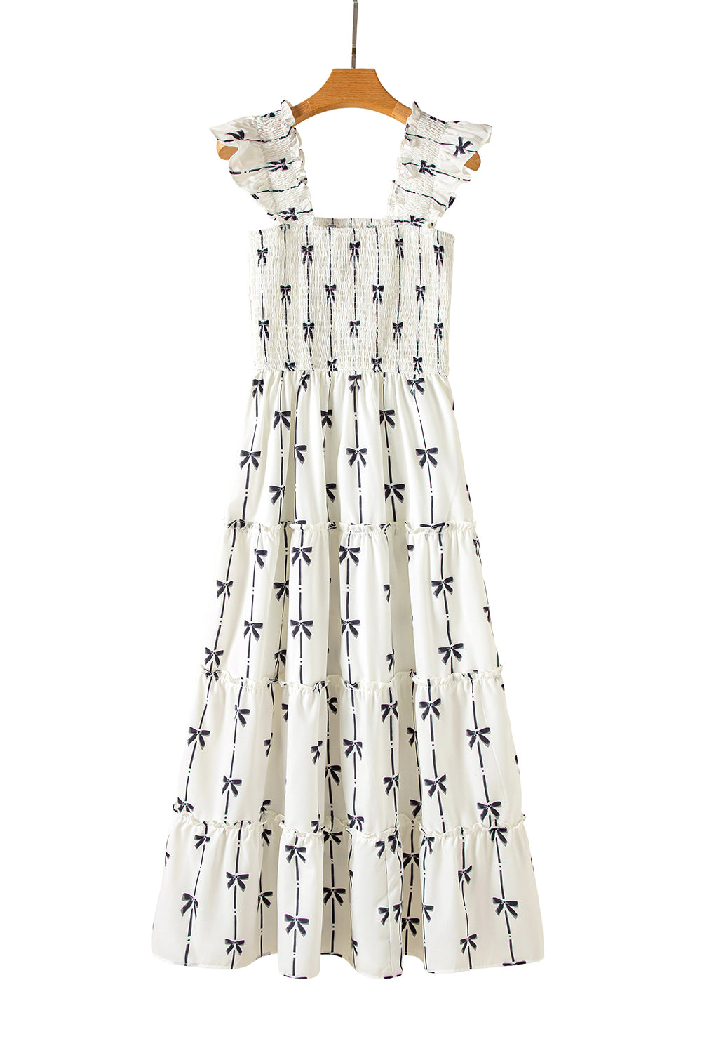 Black Bow Print Smocked Square Neck Ruffle Tiered Long Dress Maxi Dresses JT's Designer Fashion