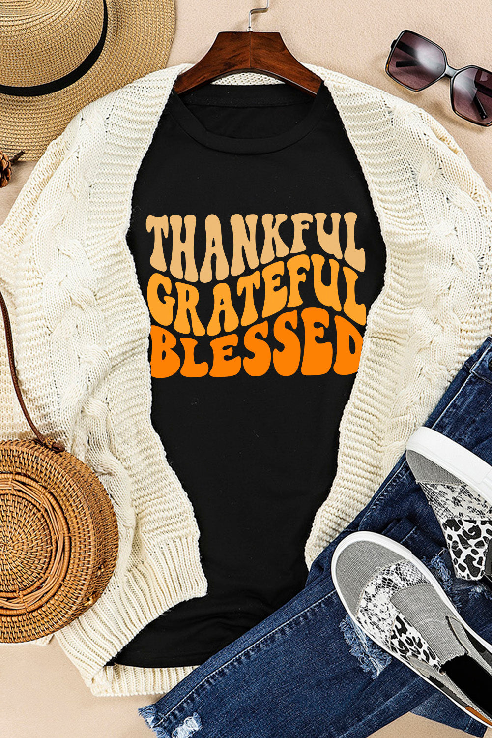 Black THANKFUL GRATEFUL BLESSED Crew Neck Graphic Tee Graphic Tees JT's Designer Fashion