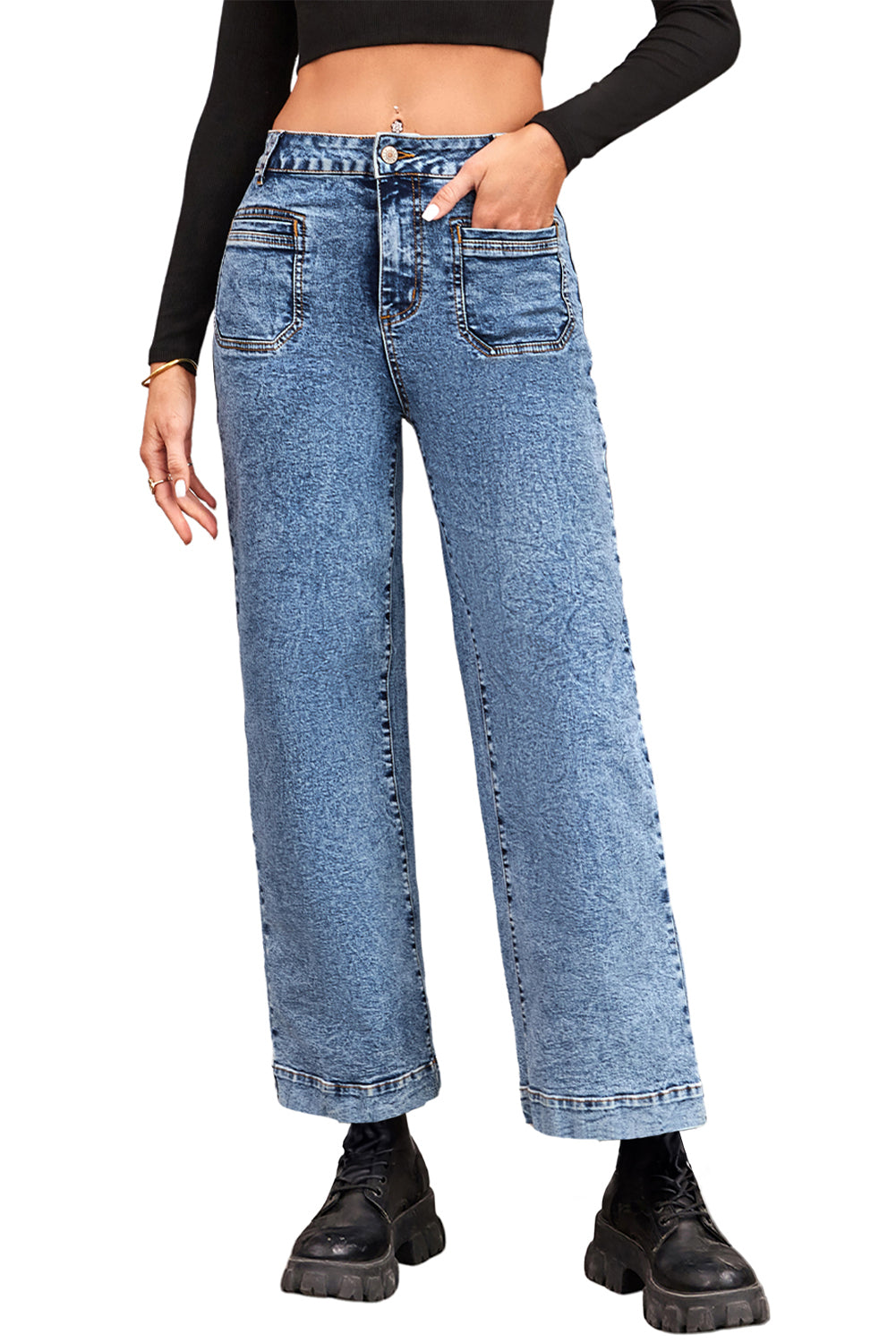 Blue Chic Patch Pocket Straight Leg Loose Jeans Jeans JT's Designer Fashion