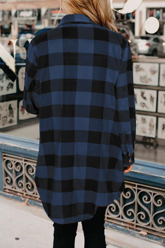 Blue Turn-down Collar Plaid Shirt Jacket Plaid Shackets JT's Designer Fashion
