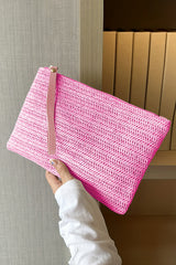 Rose Red Straw Woven Wrist Strap Zipper Large Wallet Handbags JT's Designer Fashion