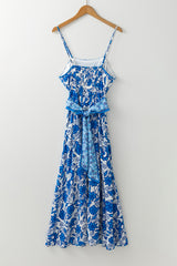 Blue Floral Printed Spaghetti Strap Maxi Dress with Waist Tie Floral Dresses JT's Designer Fashion