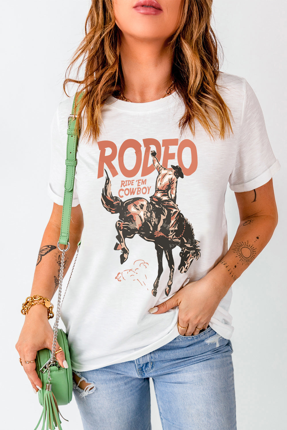 White RODEO Cowboy Graphic Crewneck T Shirt Graphic Tees JT's Designer Fashion