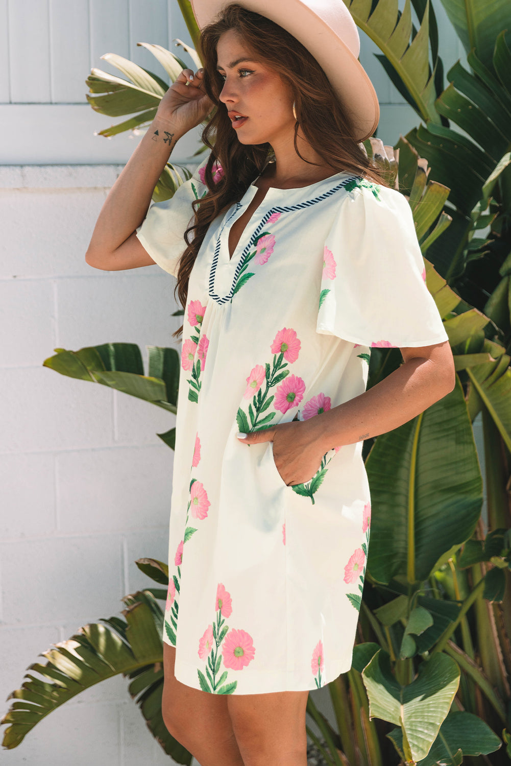 Apricot Floral Short Sleeve Split Neck Loose Mini Dress Floral Dresses JT's Designer Fashion