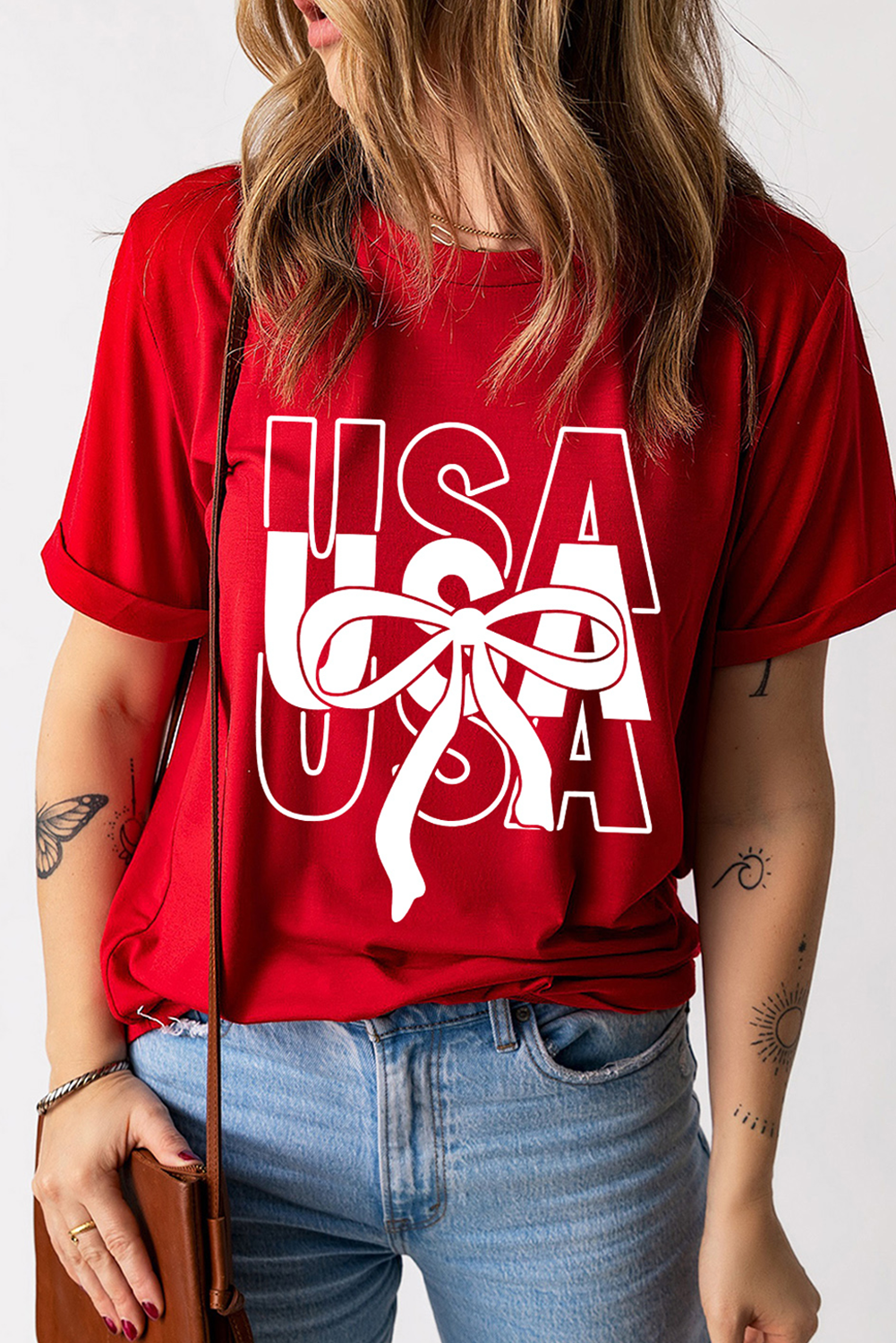Red USA Bow Printed Casual Cotton Blend T Shirt Graphic Tees JT's Designer Fashion