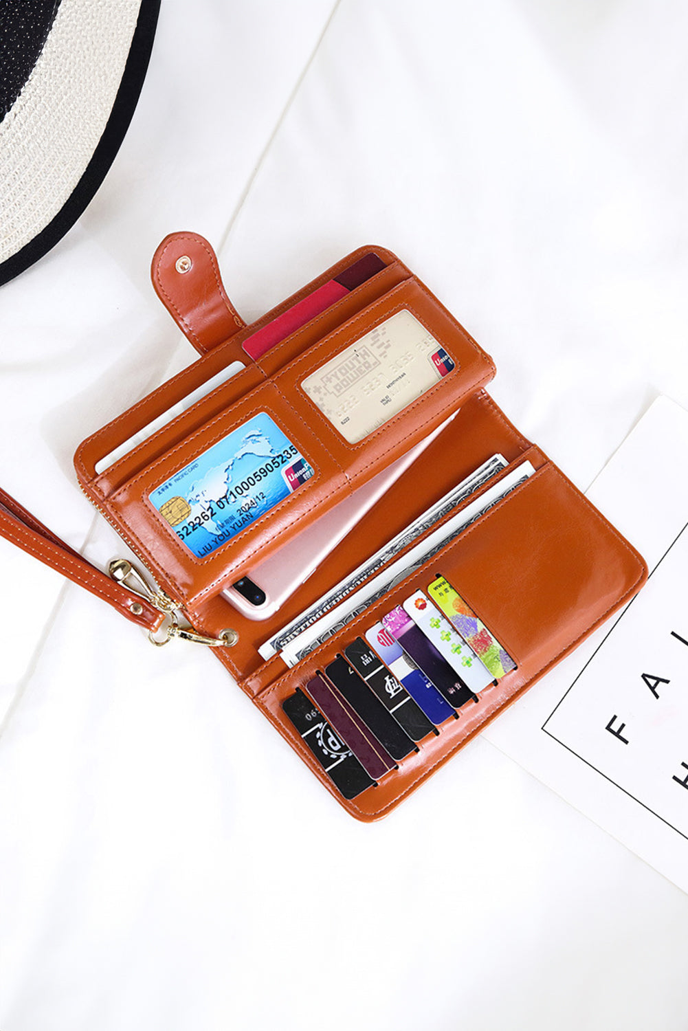 Cinnamon Faux Leather Zip Around Wrist Strap Long Wallet Handbags JT's Designer Fashion