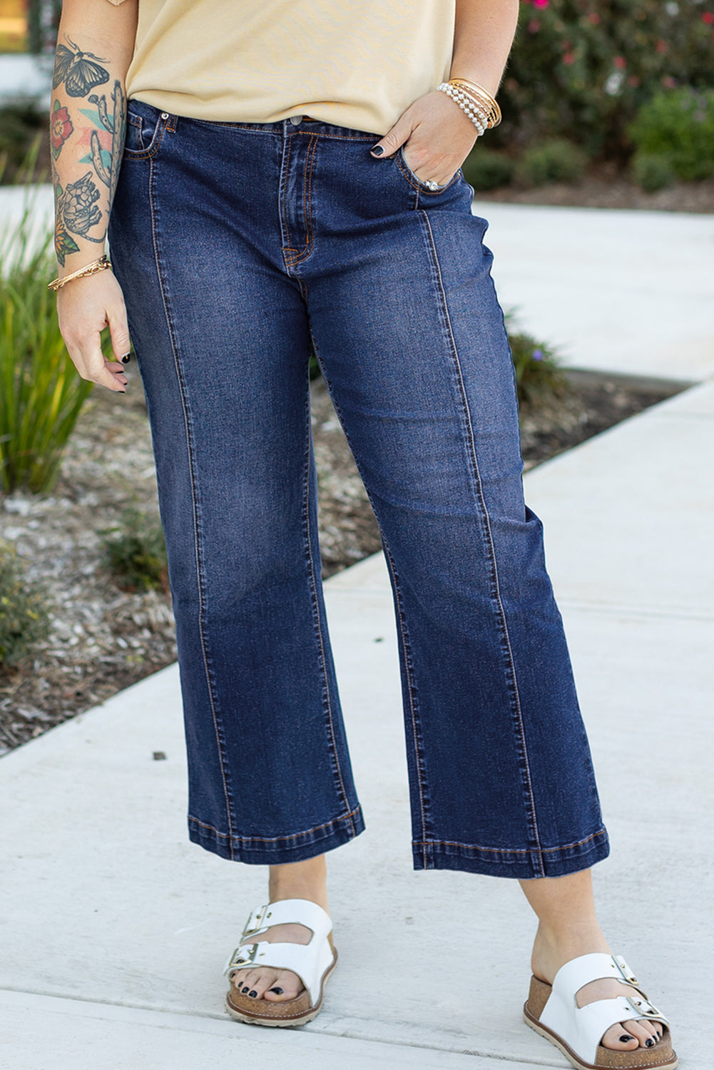 Navy Blue Plus Size Seamed Wide Leg High Waist Jeans Plus Size Bottoms JT's Designer Fashion
