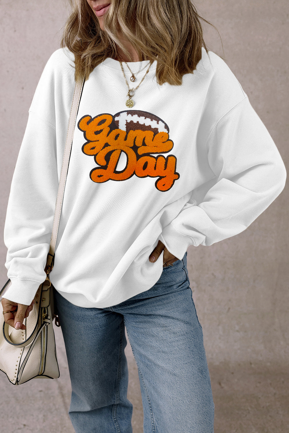 White Chenille Game Day Rugby Football Pattern Pullover Sweatshirt Graphic Sweatshirts JT's Designer Fashion