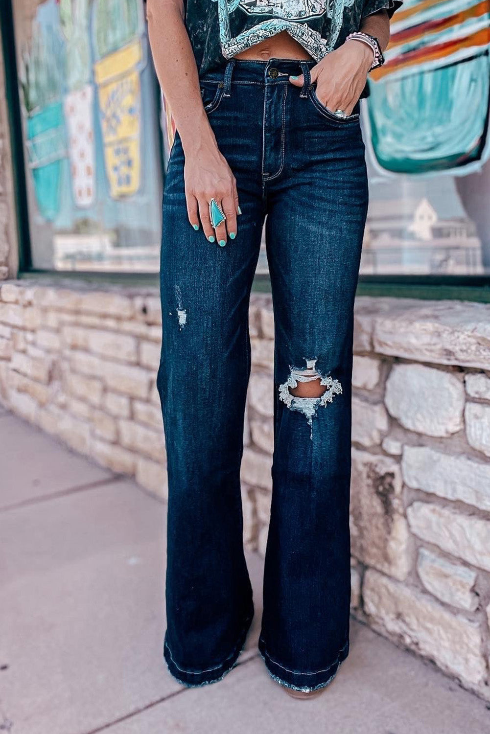 Real Teal High Rise Ripped Bell Bottom Jeans Jeans JT's Designer Fashion