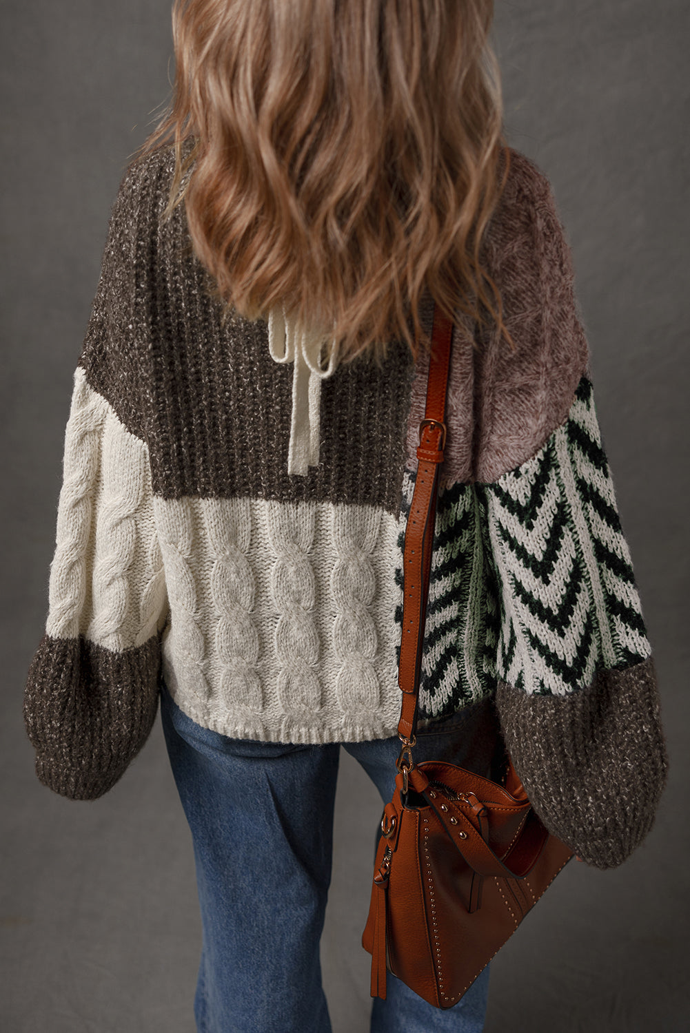 Brown Color Block Patchwork Knotted Back Loose Fit Sweater Sweaters JT's Designer Fashion