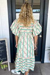 Multicolour Striped Floral Print Tie Split Neck Puff Sleeve Midi Dress Floral Dresses JT's Designer Fashion