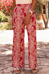 Red Paisley Printed Buttoned High Waist Straight Leg Pants Pants & Culotte JT's Designer Fashion