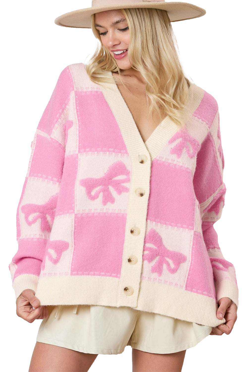 Pink Bowknot Checkered Pattern V Neck Drop Shoulder Button Up Cardigan Cardigans JT's Designer Fashion