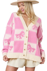 Pink Bowknot Checkered Pattern V Neck Drop Shoulder Button Up Cardigan Cardigans JT's Designer Fashion