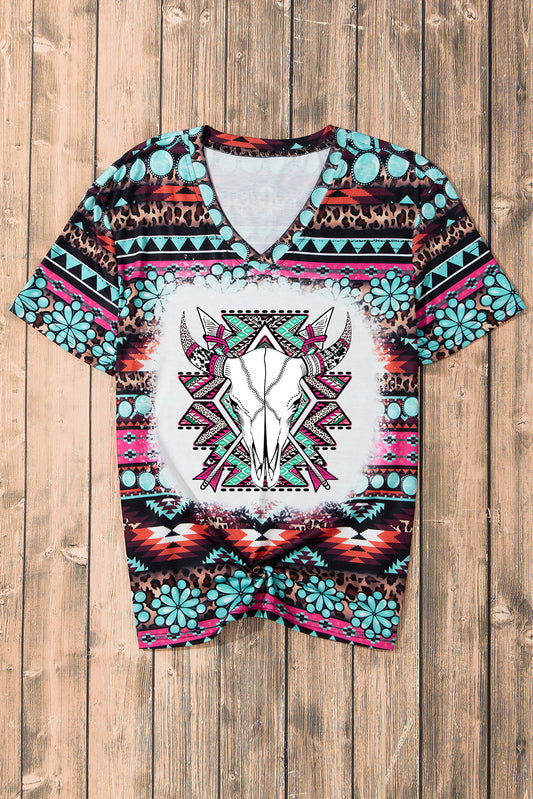 Green Western Aztec Turquoise Leopard Print V Neck Tee Graphic Tees JT's Designer Fashion