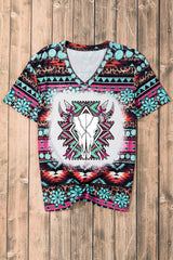 Green Western Aztec Turquoise Leopard Print V Neck Tee Graphic Tees JT's Designer Fashion