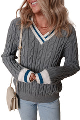 Medium Grey Color Contrast Ribbed Edge Cable Knit V Neck Sweater Sweaters JT's Designer Fashion