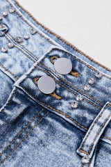 Beau Blue Rhinestone Light Wash Raw Hem High Waist Denim Shorts Denim Shorts JT's Designer Fashion