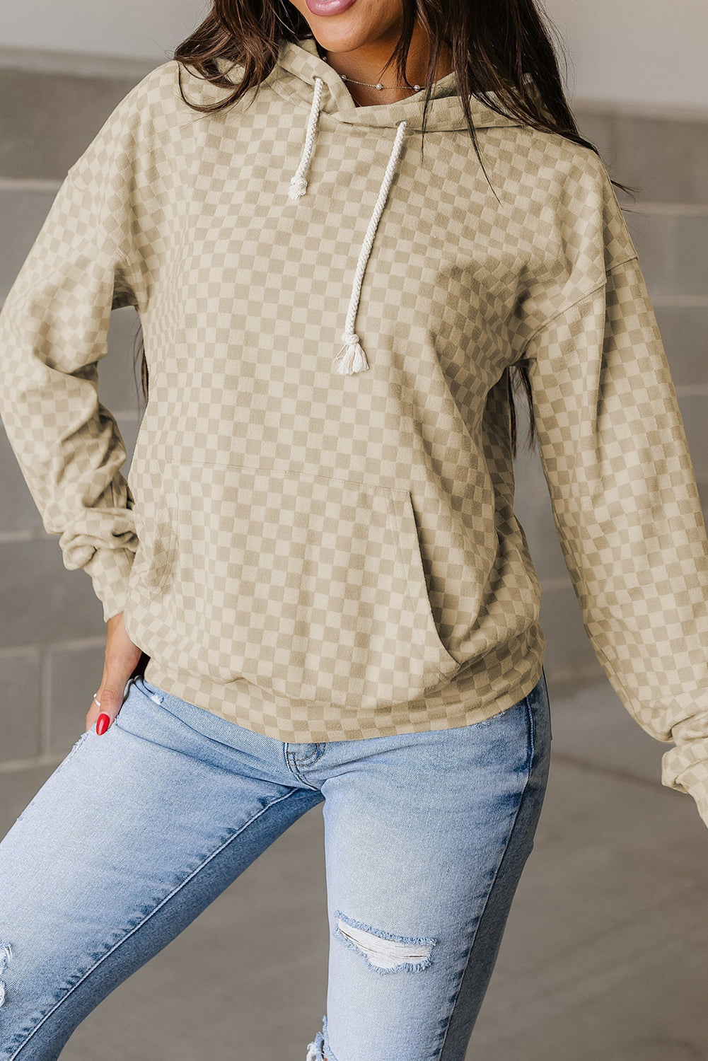 Khaki Checkered Print Kangaroo Pocket Drawstring Hoodie Sweatshirts & Hoodies JT's Designer Fashion