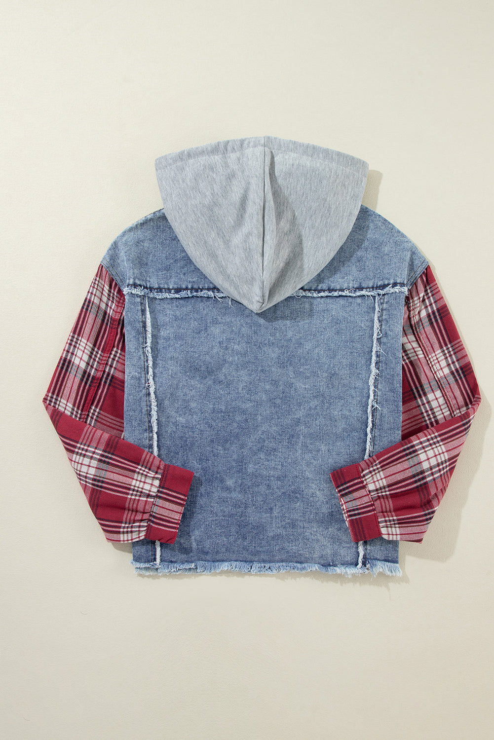 Beau Blue Plaid Print Patchwork Hooded Raw Hem Denim Jacket Denim Jackets JT's Designer Fashion