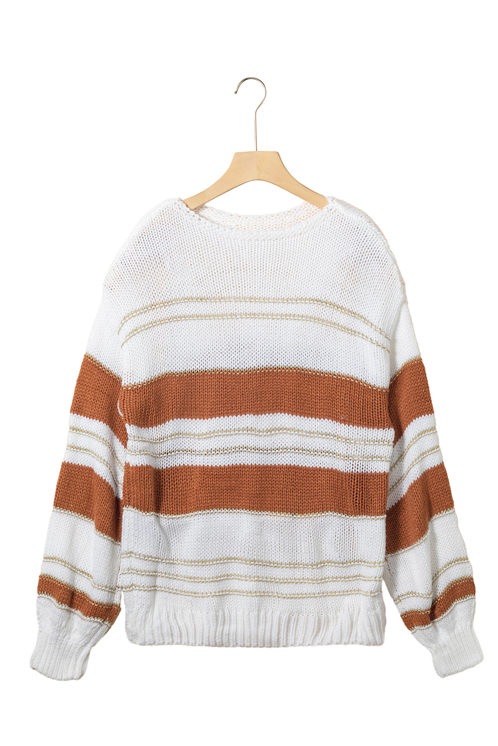 White Striped Knit Puff Sleeve Casual Sweater Sweaters JT's Designer Fashion