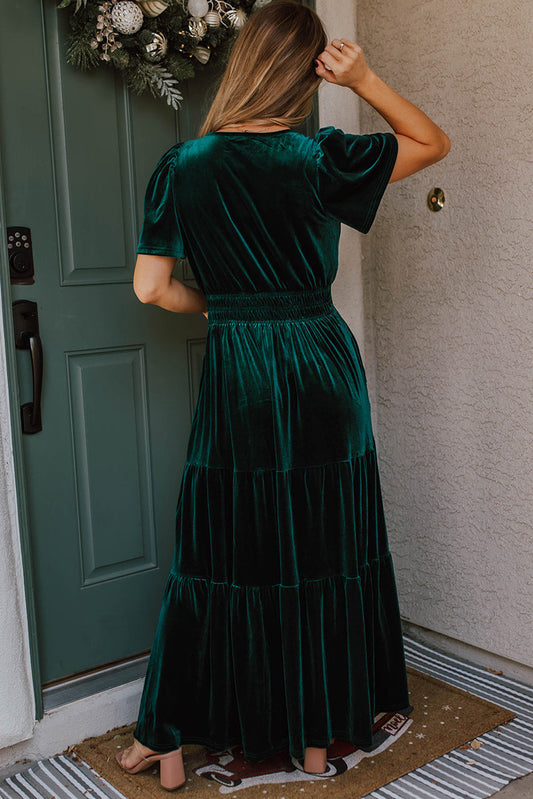 Evergreen Velvet Short Sleeve Shirred Waist Tiered Long Dress Maxi Dresses JT's Designer Fashion