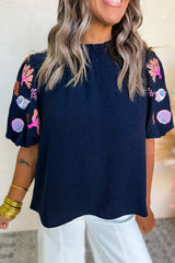 Sail Blue Shellfish Coral Embroidery Puff Sleeve Frilled Neck Blouse Blouses & Shirts JT's Designer Fashion
