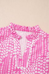 Pink Abstract Print Ric Rac Trim Flutter Sleeve Notch V Neck Blouse Blouses & Shirts JT's Designer Fashion