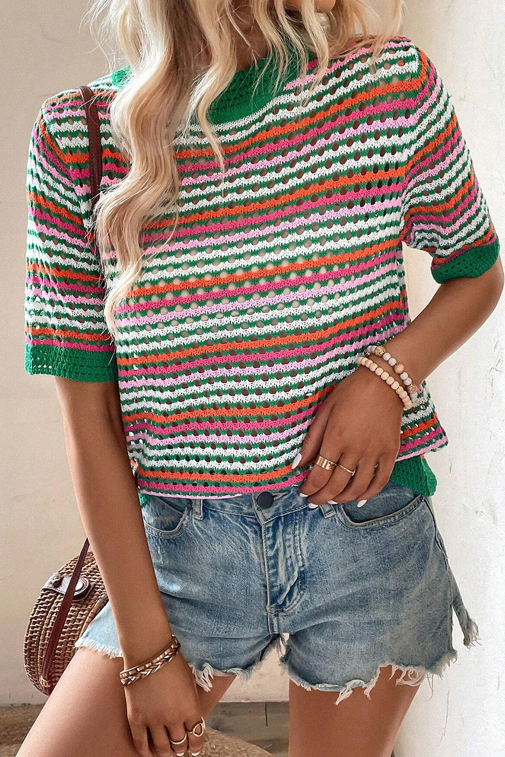 Dark Green Striped Pattern Hollow Out Contrast Trim Knit T Shirt Sweaters & Cardigans JT's Designer Fashion