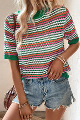 Dark Green Striped Pattern Hollow Out Contrast Trim Knit T Shirt Sweaters & Cardigans JT's Designer Fashion