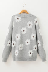 Gray Plus Size Embroidered Floral Pattern Half Zip Sweater Plus Size Sweaters & Cardigans JT's Designer Fashion