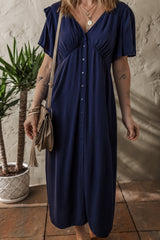 Navy Blue V Neck Buttoned Front Shirred Back Short Sleeve Midi Dress Dresses JT's Designer Fashion