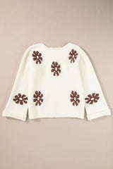 White Colorblock Floral Pattern Round Neck Sweater Sweaters JT's Designer Fashion