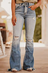Dusk Blue Vintage Light Wash Ripped Raw Edge Flare Jeans Dusk Blue 75%Cotton+23%Polyester+2%Elastane Jeans JT's Designer Fashion