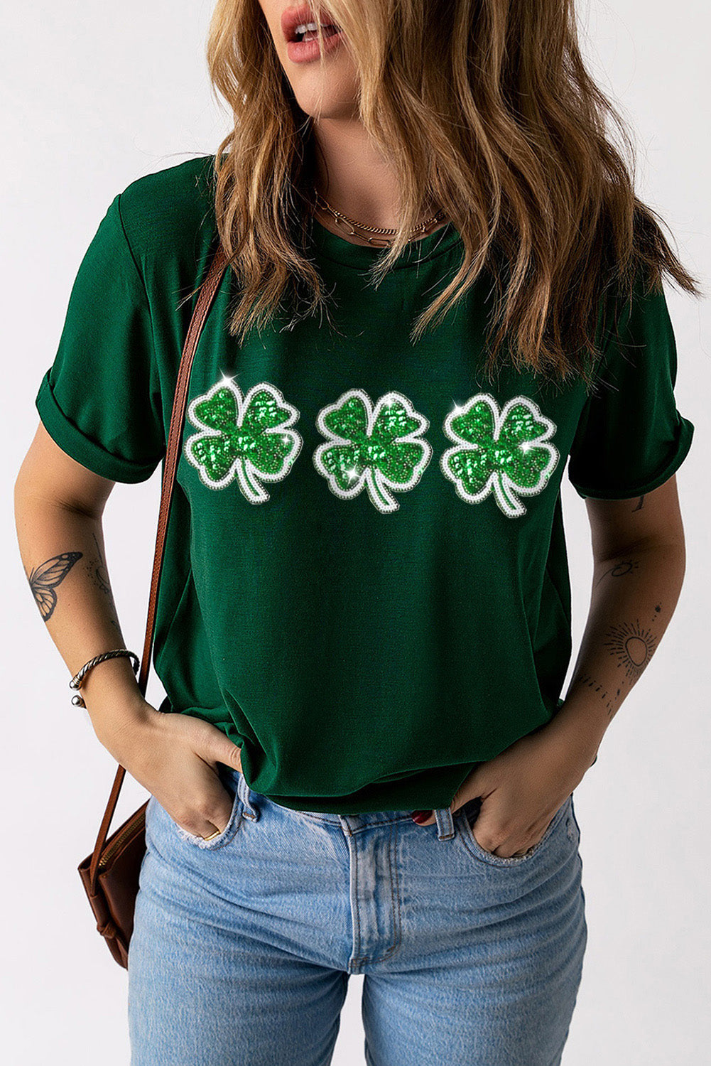Green St Patrick Clover Patch Sequin Graphic T-shirt Graphic Tees JT's Designer Fashion