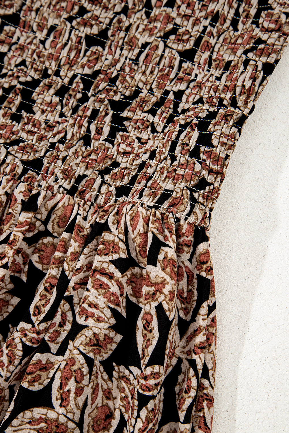 Brown Floral Smocked Bodice High Waist Flowy Sun Dress Floral Dresses JT's Designer Fashion