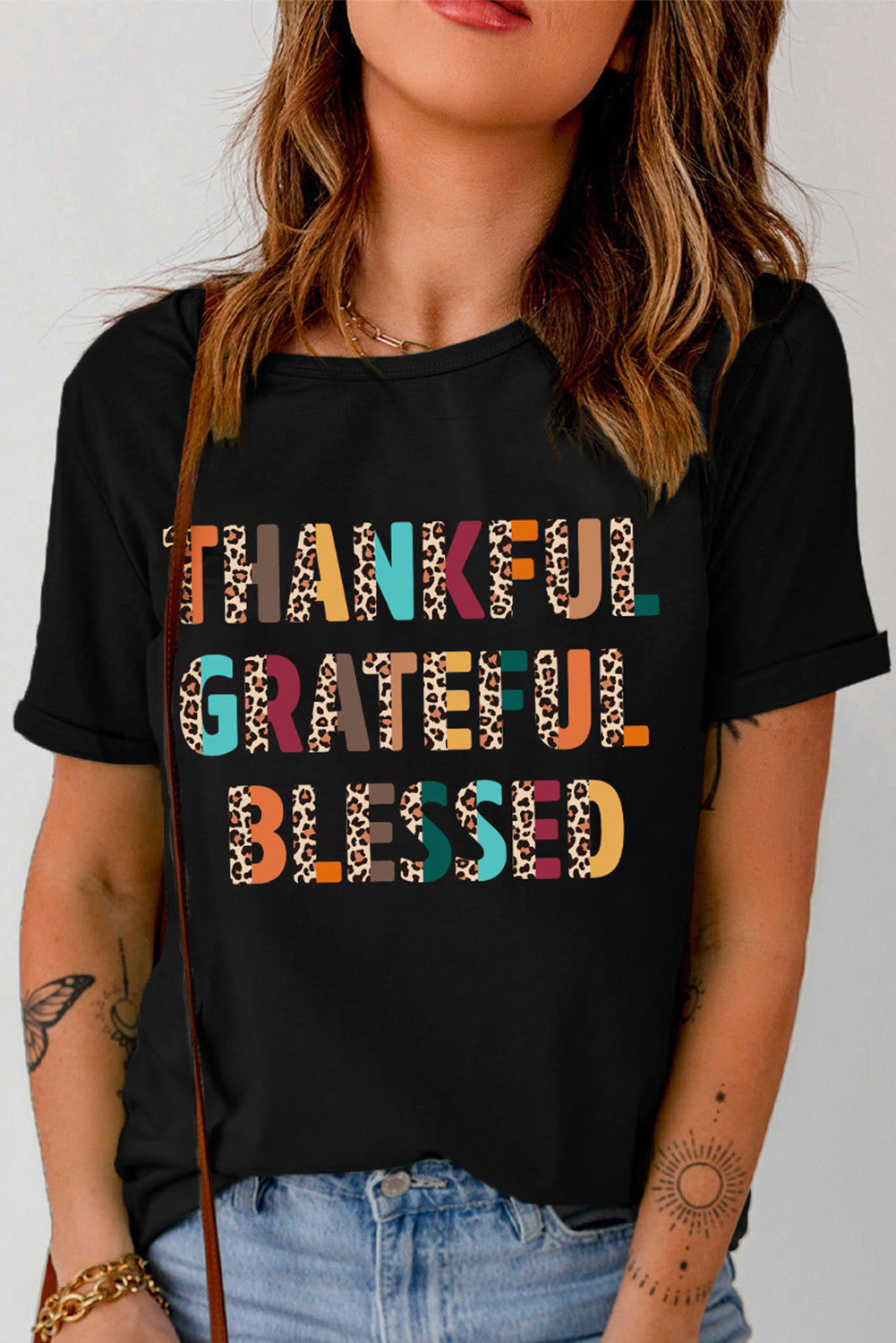 Black Thankful Grateful Blessed Leopard Print Crewneck T Shirt Graphic Tees JT's Designer Fashion
