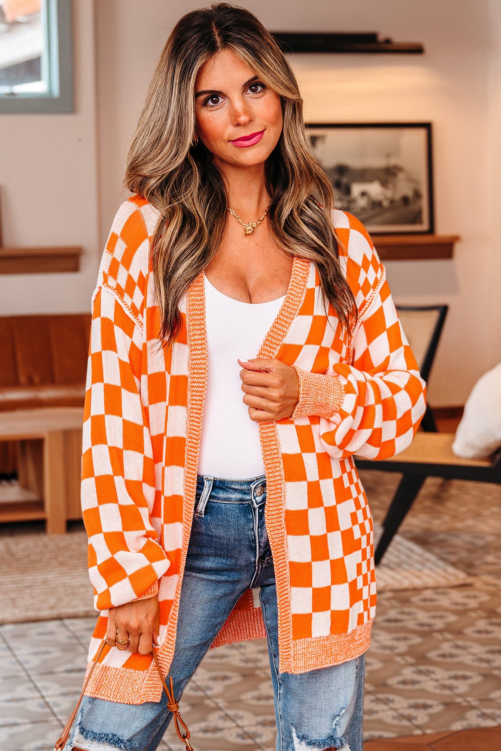 Orange Checkered Open Front Drop Shoulder Cardigan Cardigans JT's Designer Fashion