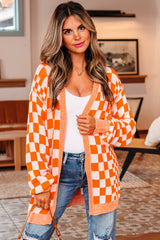 Orange Checkered Open Front Drop Shoulder Cardigan Cardigans JT's Designer Fashion