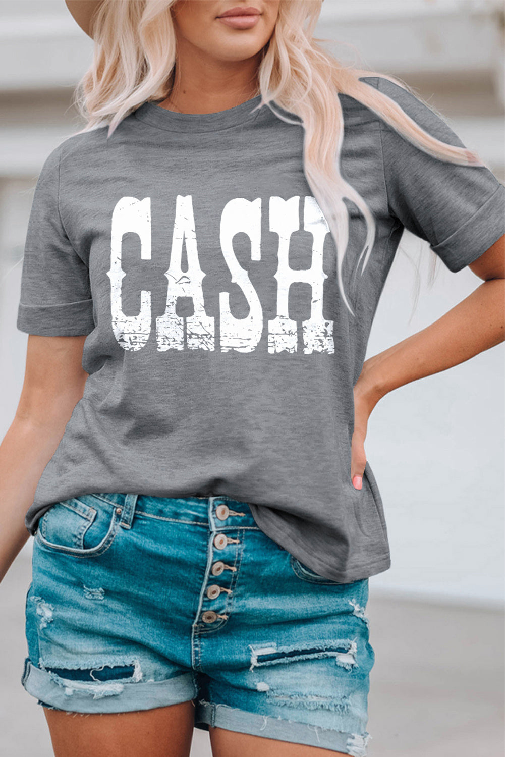 Gray CASH Letter Print T Shirt Graphic Tees JT's Designer Fashion