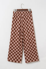 Khaki Checkered Elastic High Waist Loose Casual Pants Pants & Culotte JT's Designer Fashion