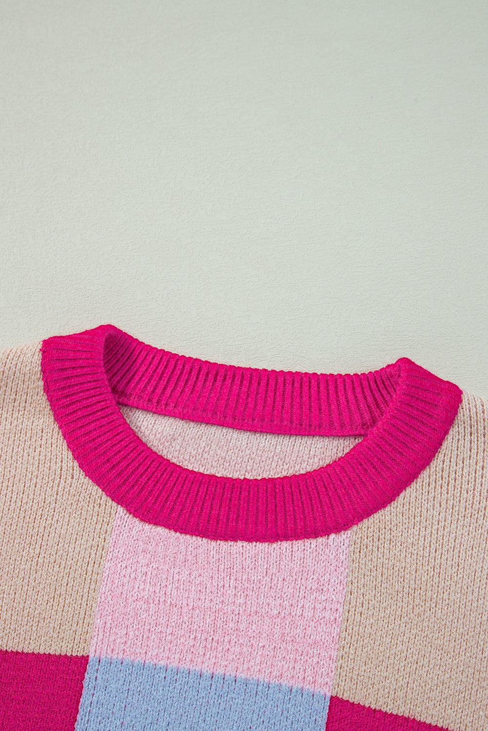 Rose Red Color Block Drop Shoulder Crewneck Loose Fit Sweater Sweaters JT's Designer Fashion