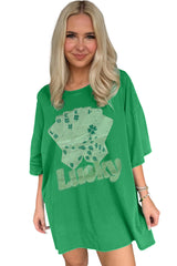 Bright Green Rhinestone Lucky Poker Cards Oversized T Shirt Mini Dress T Shirt Dresses JT's Designer Fashion
