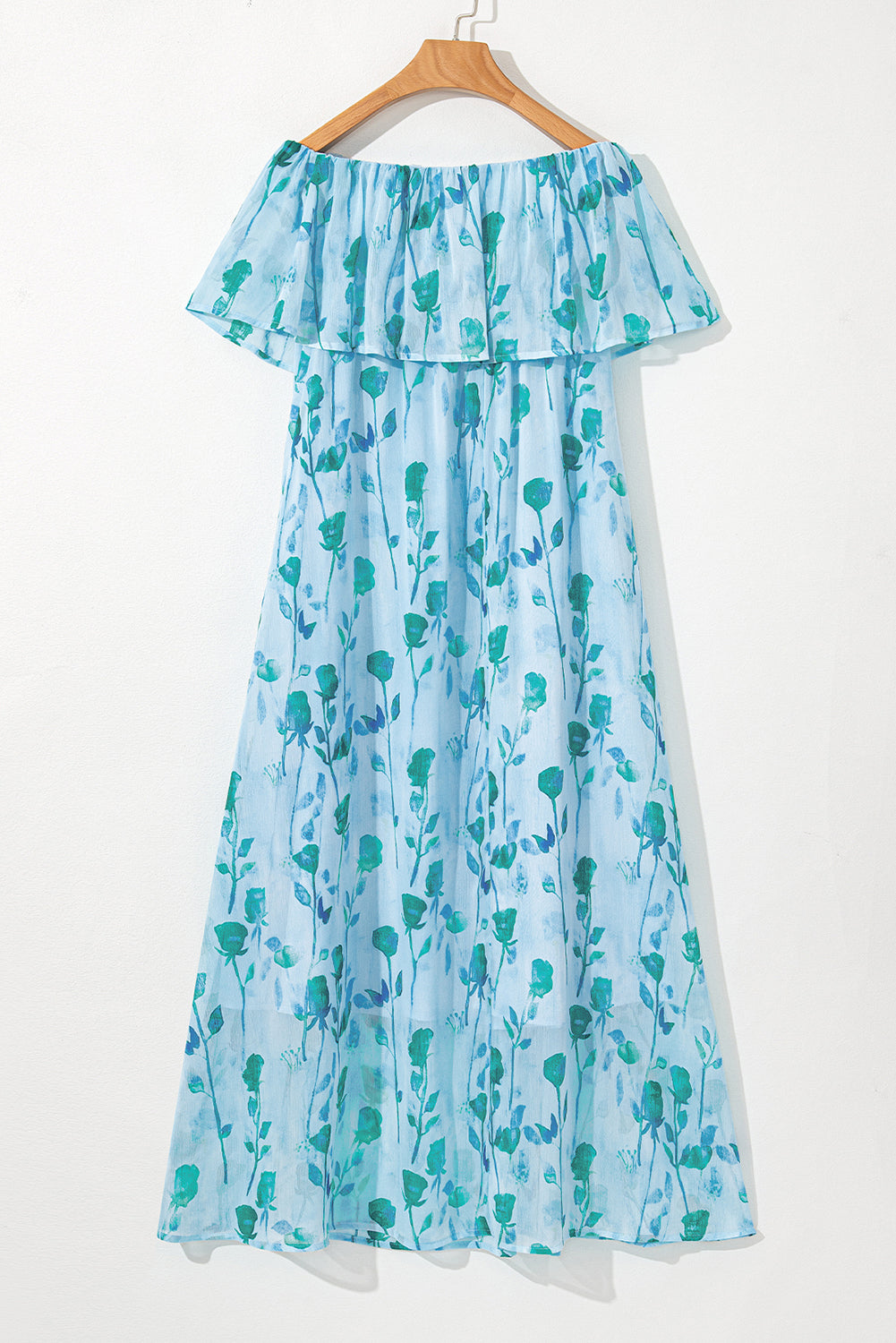Green Floral Print Ruffled Side Slit Tube Top Maxi Dress Floral Dresses JT's Designer Fashion