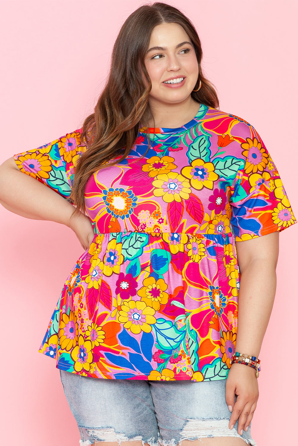 Pink Floral / Geometric Print Short Sleeve Plus Size Babydoll Blouse Plus Size JT's Designer Fashion
