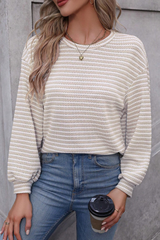 Khaki Stripe Round Neck Drop Shoulder Long Sleeve Top Long Sleeve Tops JT's Designer Fashion