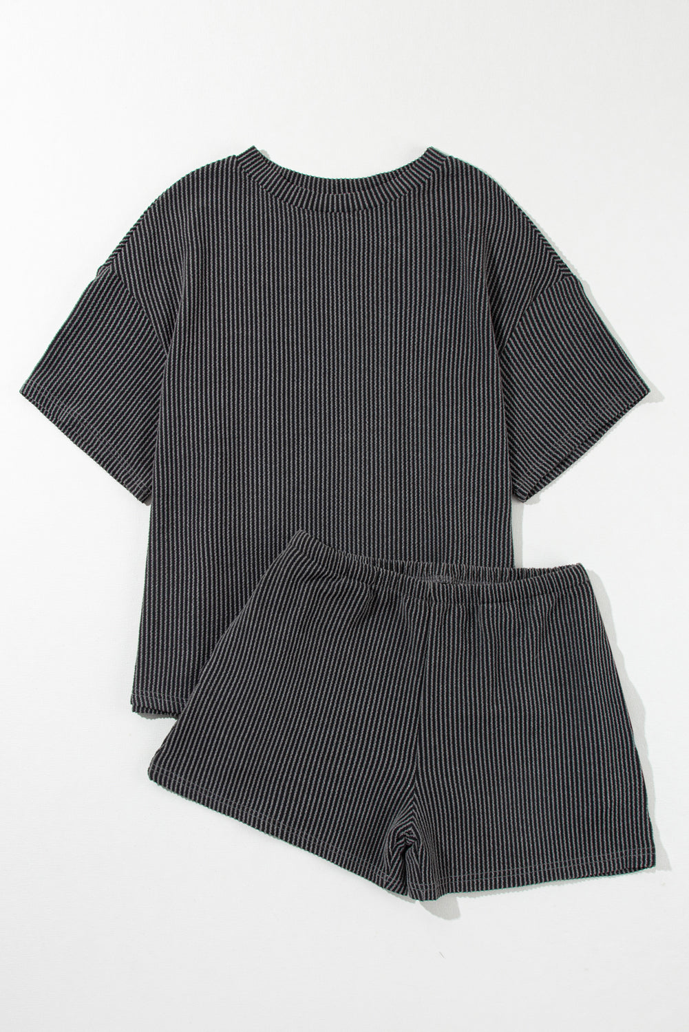 Carbon Grey Ribbed Textured Knit Loose Fit Tee and Shorts Set Short Sets JT's Designer Fashion