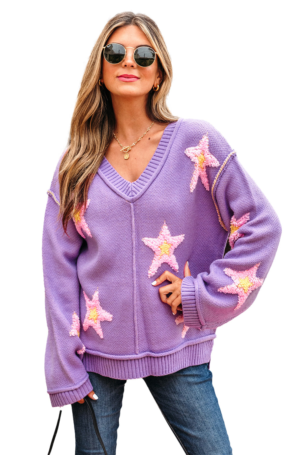 Lavendula Brushed Star Graphic V Neck Drop Shoulder Oversize Sweater Sweaters JT's Designer Fashion