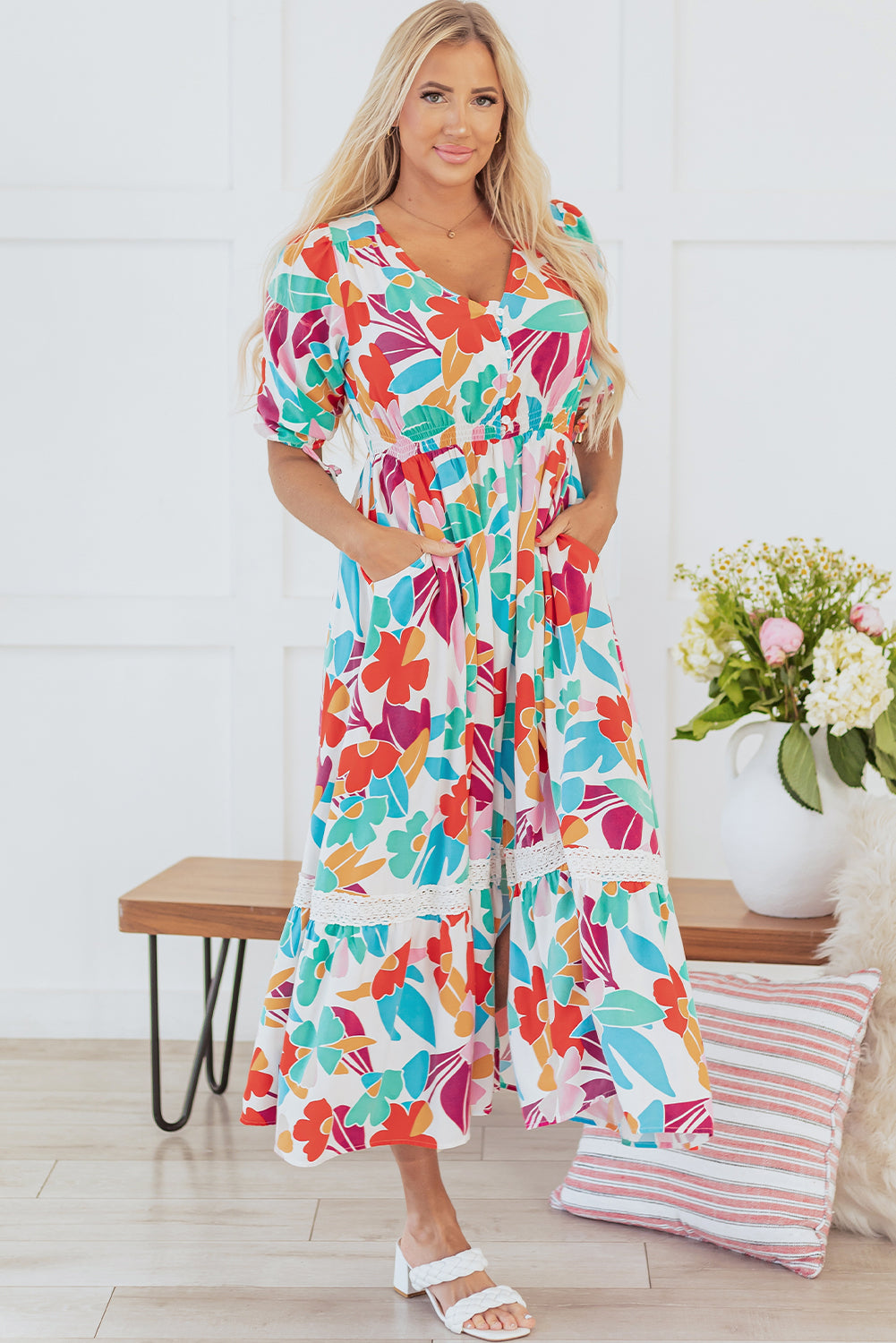 Rose Red Floral Knot Puff Sleeve V Neck Buttoned Front Split Lace Maxi Dress Floral Dresses JT's Designer Fashion