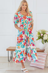 Rose Red Floral Knot Puff Sleeve V Neck Buttoned Front Split Lace Maxi Dress Floral Dresses JT's Designer Fashion
